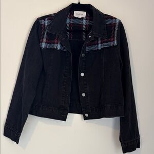Black Denim Jacket with Plaid Yoke